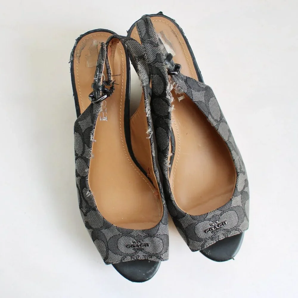 Coach Ferry Grey Logo Jacquard Tan Cork Wedge Slingback Sandal Heels Size 6.5 - Picture 3 of 8